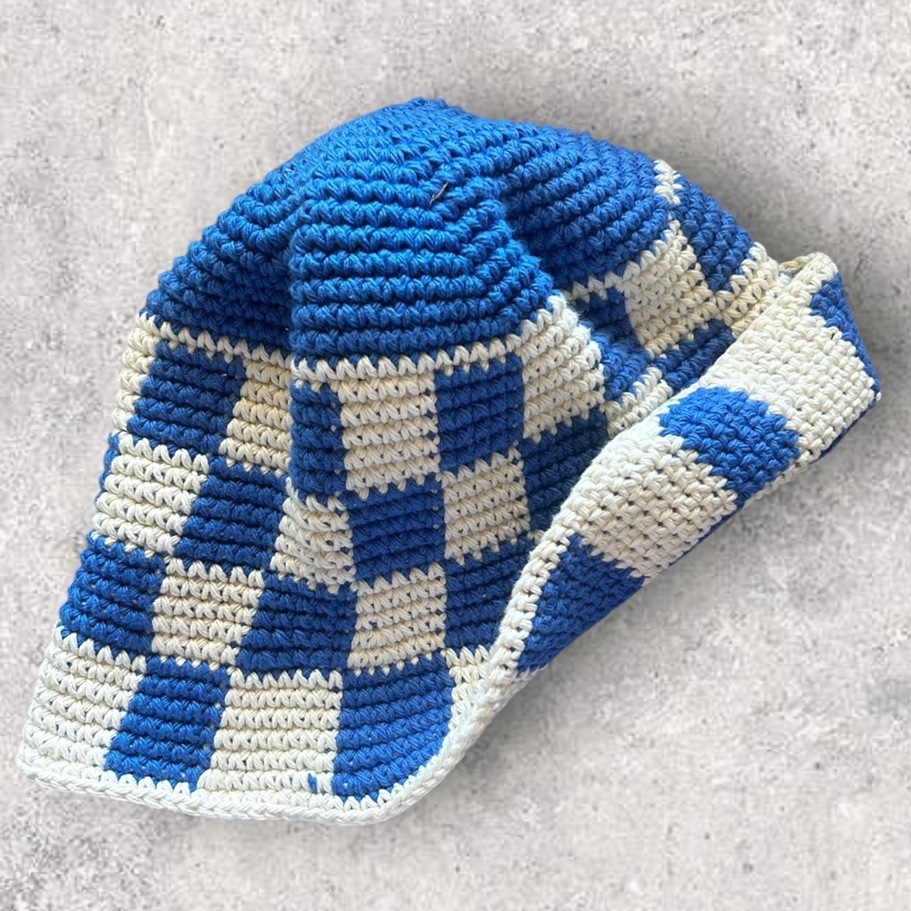 Blue and Cream Checkered Crochet Bucket Hat